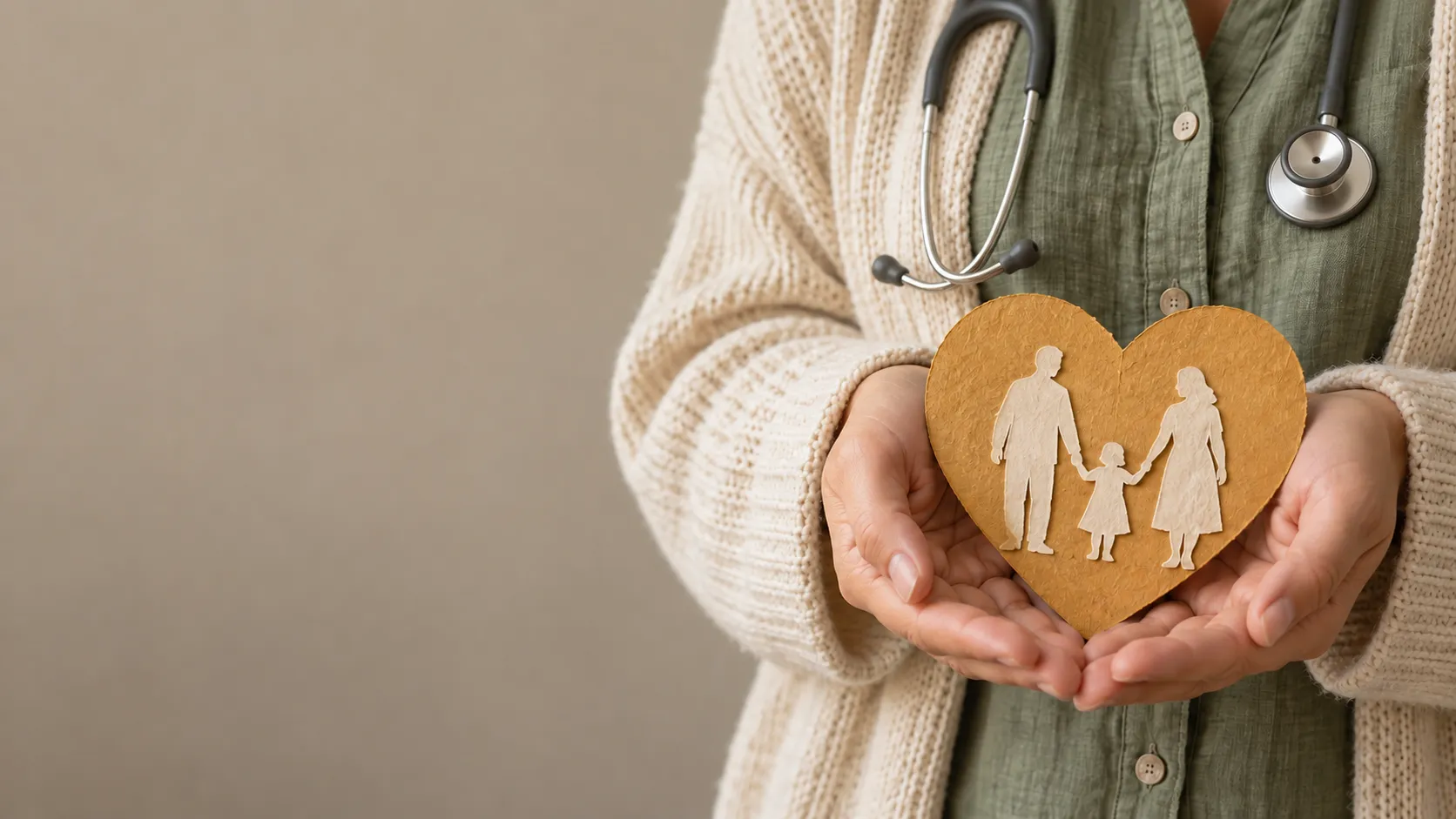 Hands holding a paper heart with a cut-out family on it.