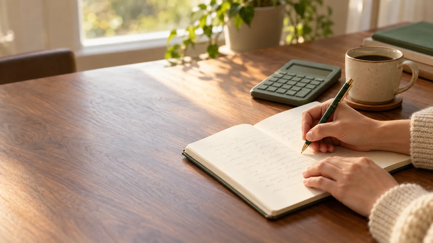 A hand writing in an open notebook beside a calculator and a cup of coffee.