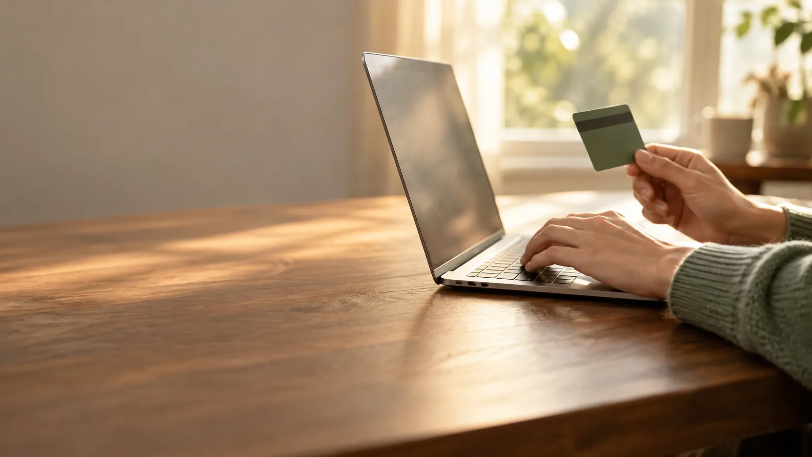 Hands at a laptop holding a payment card, warm window light.